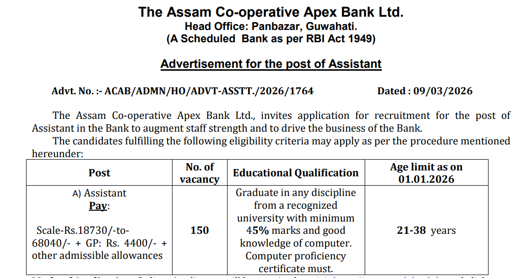 Assam Cooperative Apex Bank Recruitment 2026