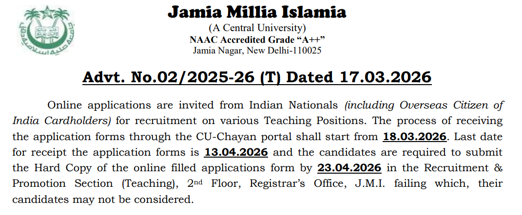 JMI Teaching Recruitment 2026