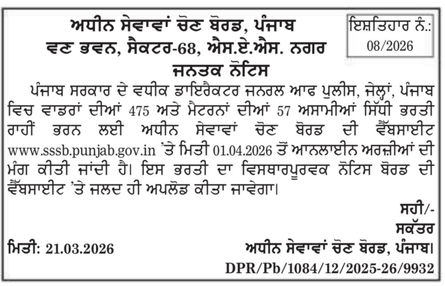 Punjab PSSSB Warder and Matron Recruitment 2026