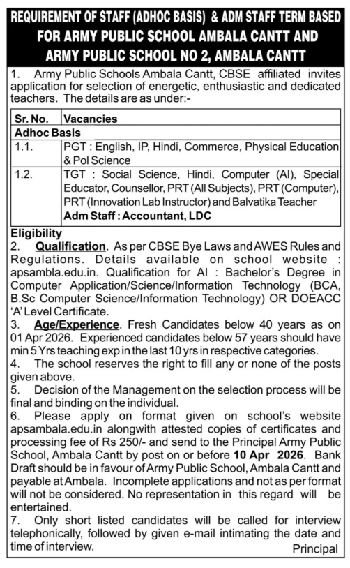 Army Public School Ambala Recruitment 2026