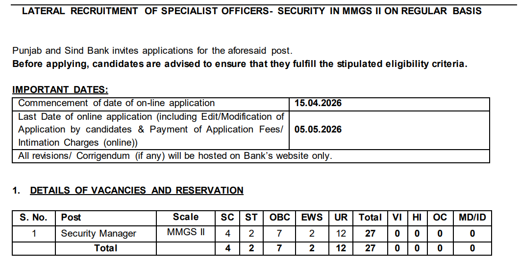 Punjab and Sind Bank SO Recruitment 2026