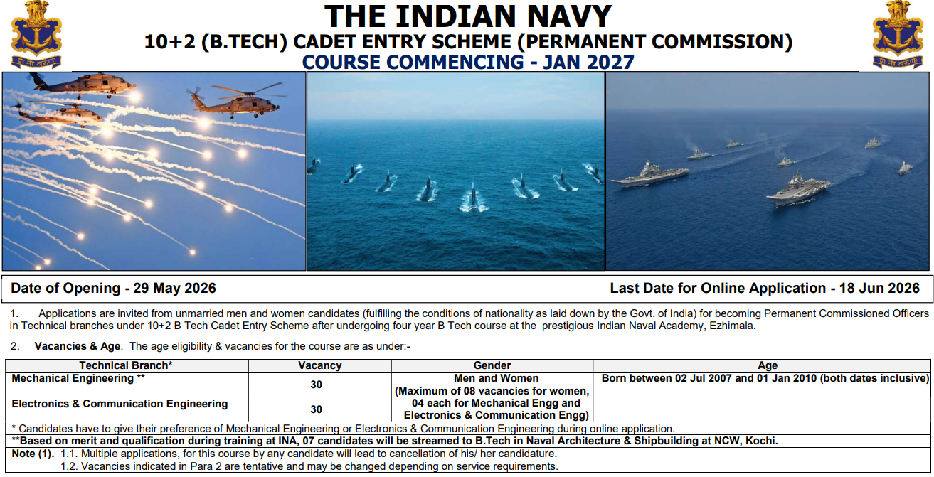 Indian Navy B.Tech Cadet Entry Scheme Jan 2027
