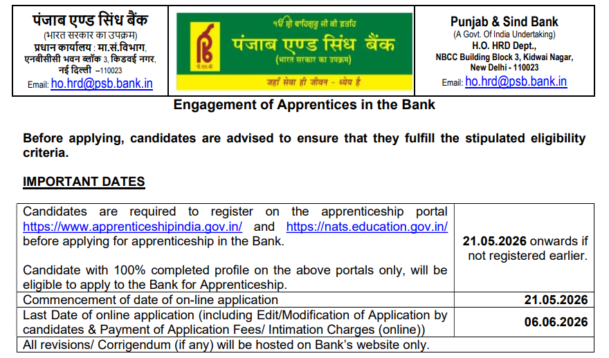 Punjab Sind Bank Apprentice Recruitment 2026