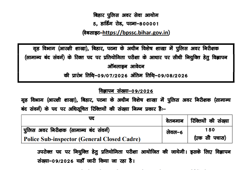 BPSSC Bihar Police Sub-Inspector Recruitment 2026