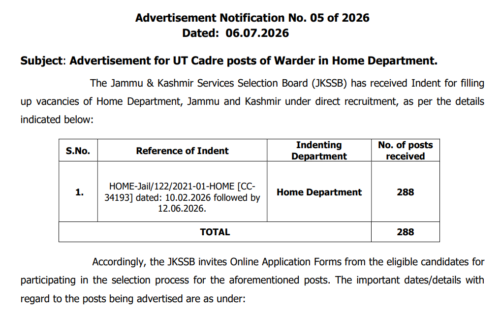 JKSSB Jail Warder Recruitment 2026