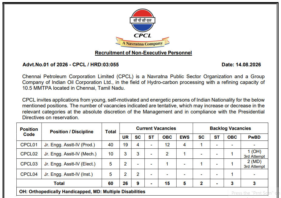 CPCL Recruitment 2026