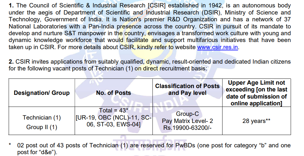 CSIR Technician Recruitment 2026