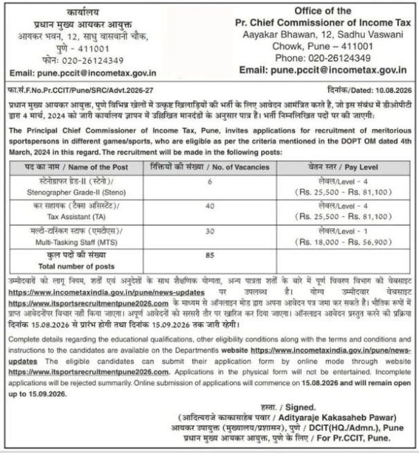 Income Tax Pune Sports Quota Recruitment 2026