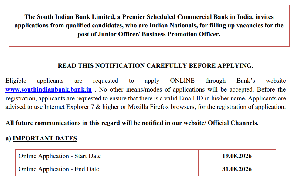South Indian Bank Junior Officer Recruitment 2026