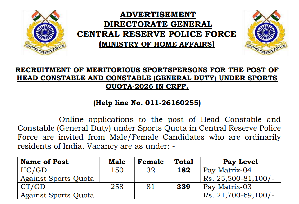 CRPF Sports Quota Recruitment 2026