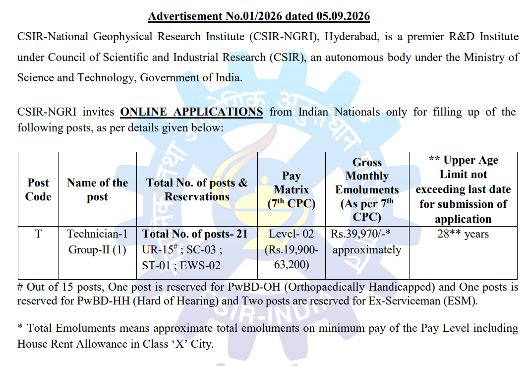 CSIR NGRI Technician Recruitment 2026