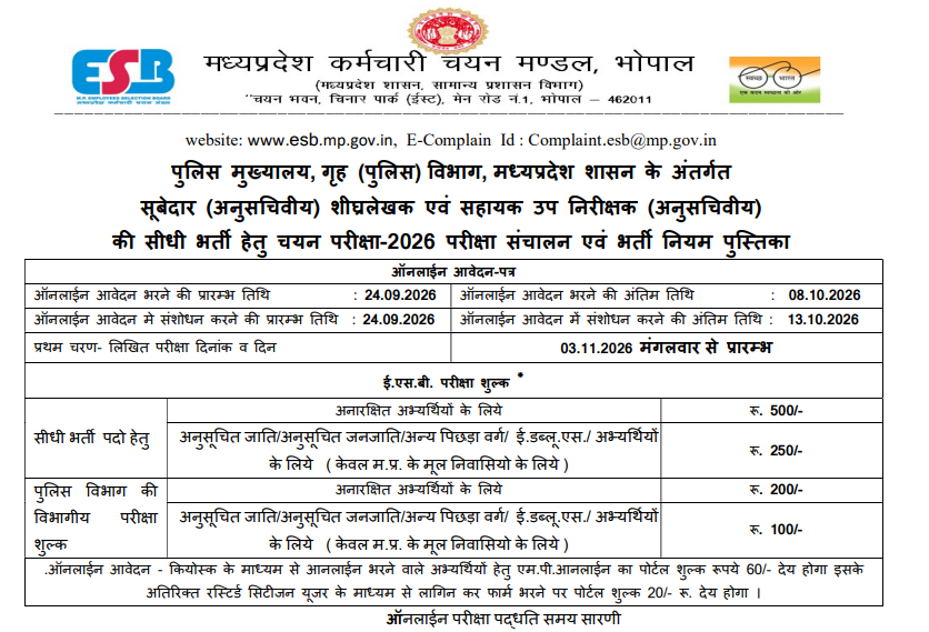 MP Police Subedar Steno and ASI Ministerial Recruitment 2026