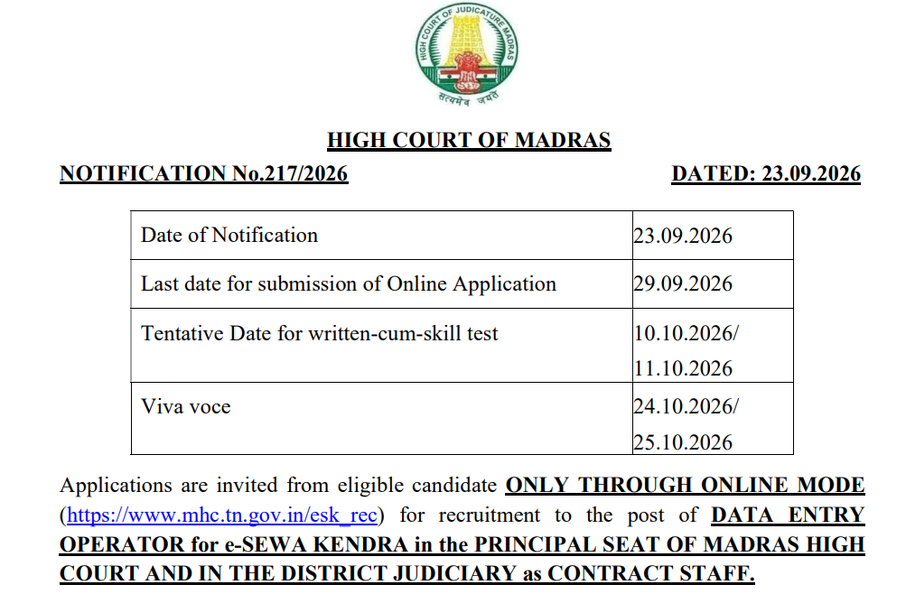 Madras High Court DEO Recruitment 2026