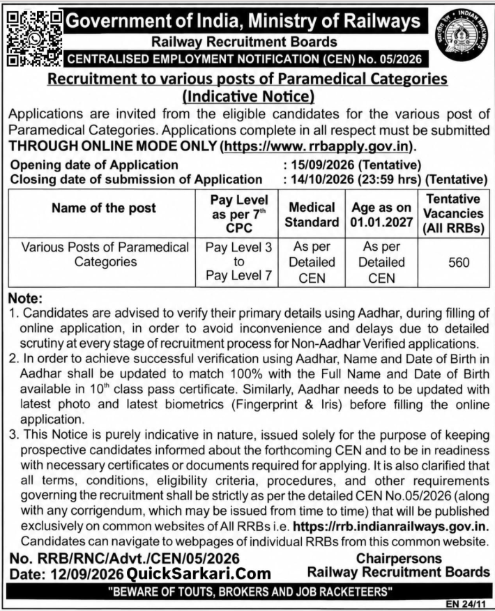 RRB Paramedical Recruitment 2026