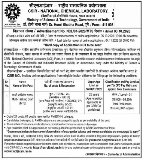 CSIR NCL MTS Recruitment 2026